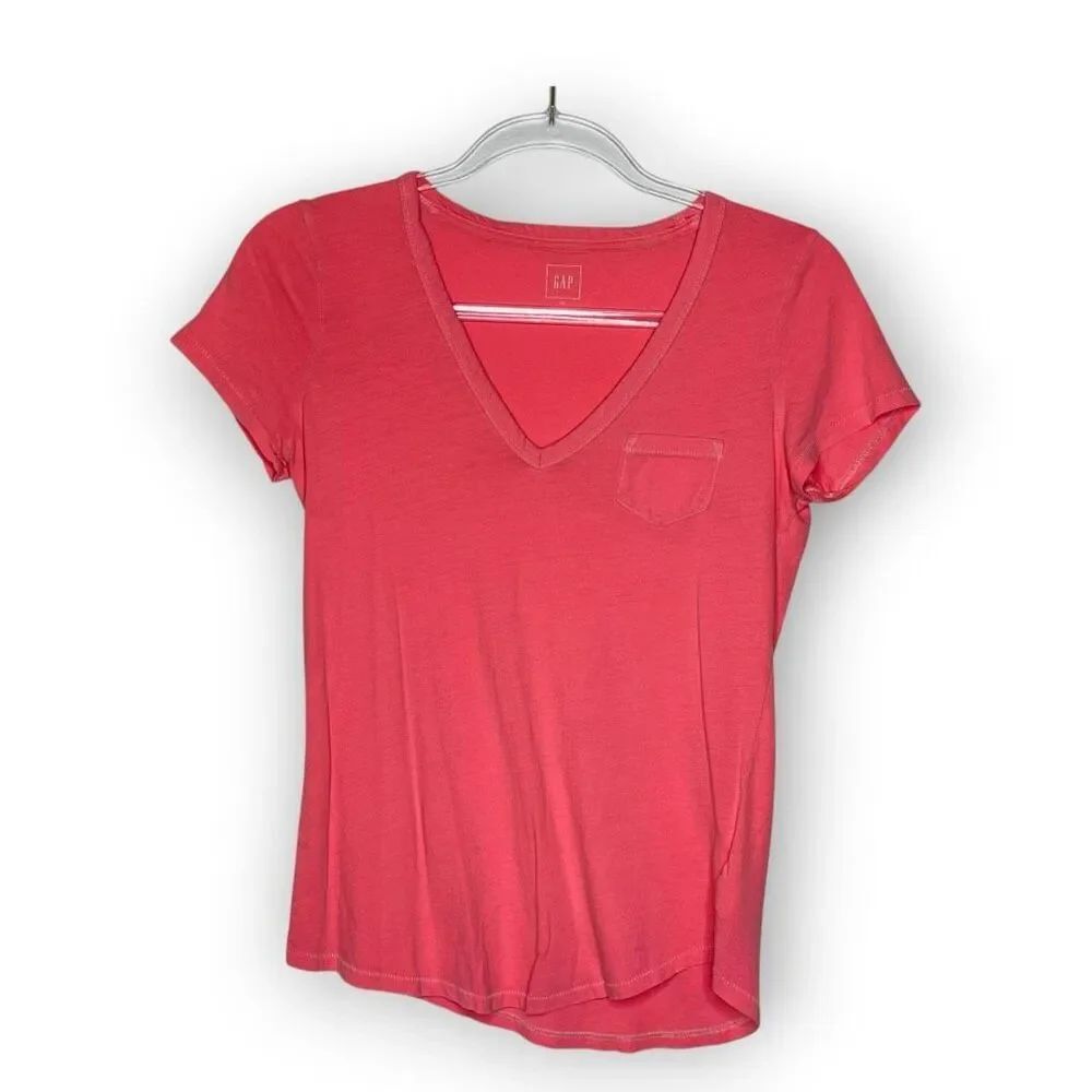 Gap GAP Neon Pink Vintage Wash V-neck Tee Short Sleeve Shirt Top Womens Size XS